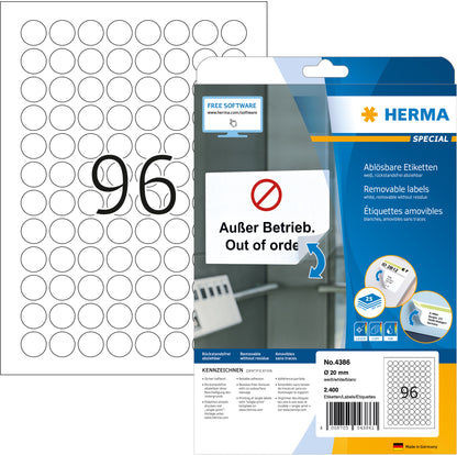 HERMA Etiketten Movables 20mm 4386 weiss, non perm. 2400 Stück