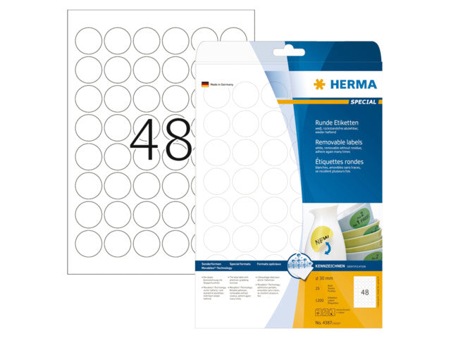 HERMA Universal-Etiketten 30mm 4387 weiss 1200 St./25 Blatt