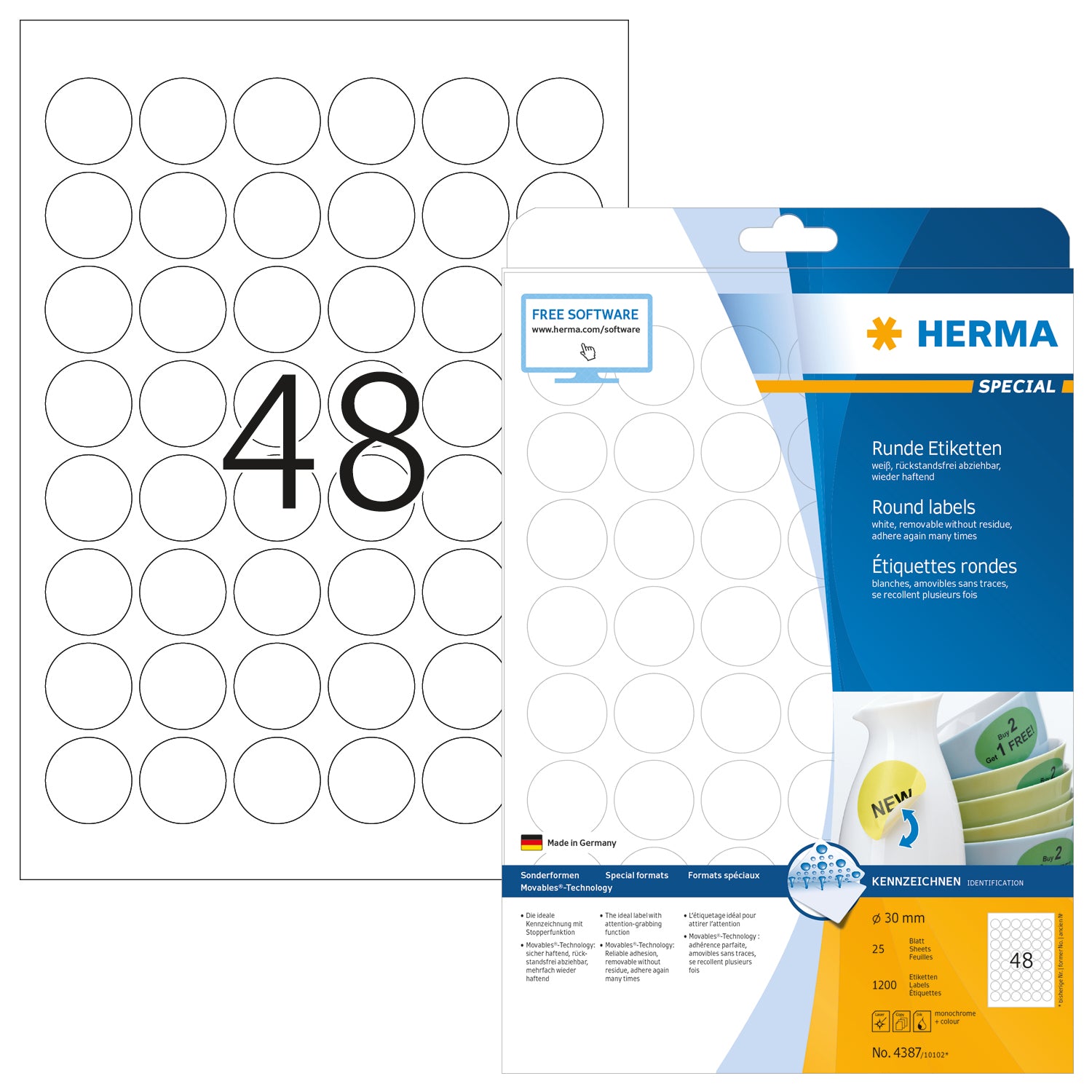 HERMA Universal-Etiketten 30mm 4387 weiss 1200 St./25 Blatt