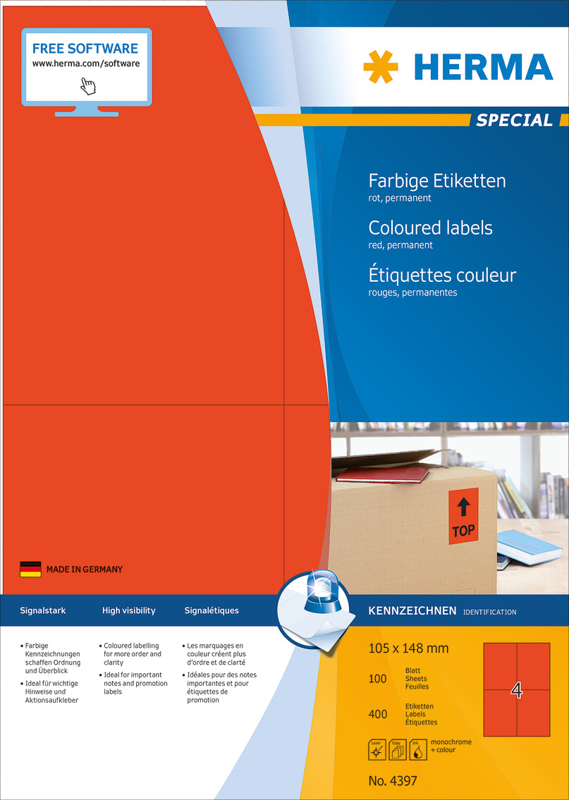 HERMA Etiketten SPECIAL 105x148mm 4397 rot,perm. 400 St./100 Bl.