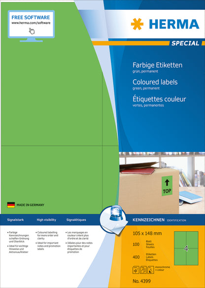 HERMA Etiketten SPECIAL 105x148mm 4399 grün,perm. 400 St./100 Bl.