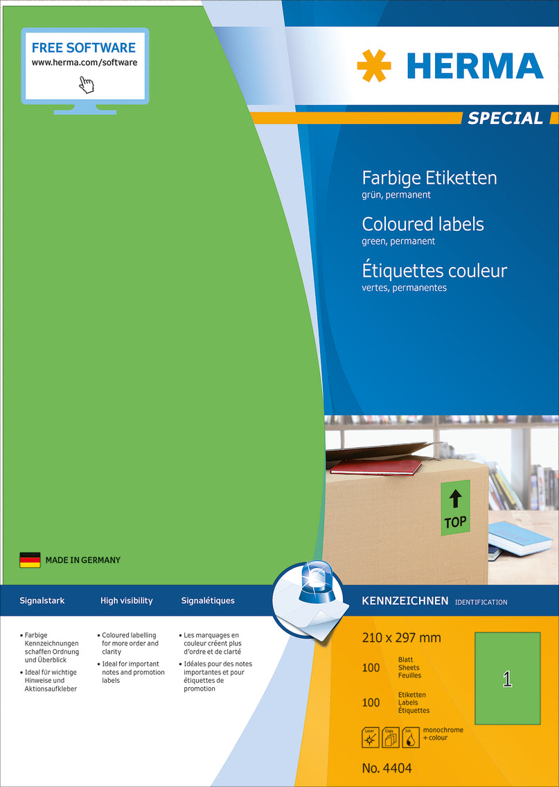 HERMA Etiketten SPECIAL 210x297mm 4404 grün,perm. 100 St./100 Bl.