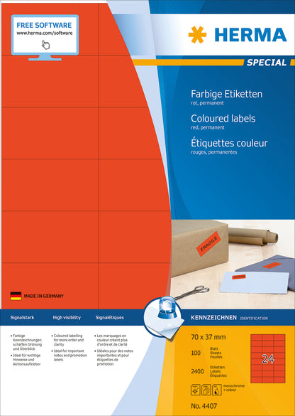 HERMA Etiketten SPECIAL 70x37mm 4407 rot,perm. 2400 St./100 Bl.