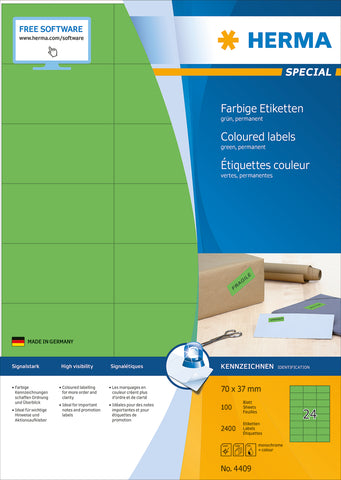 HERMA Etiketten SPECIAL 70x37mm 4409 grün,perm. 2400 St./100 Bl.