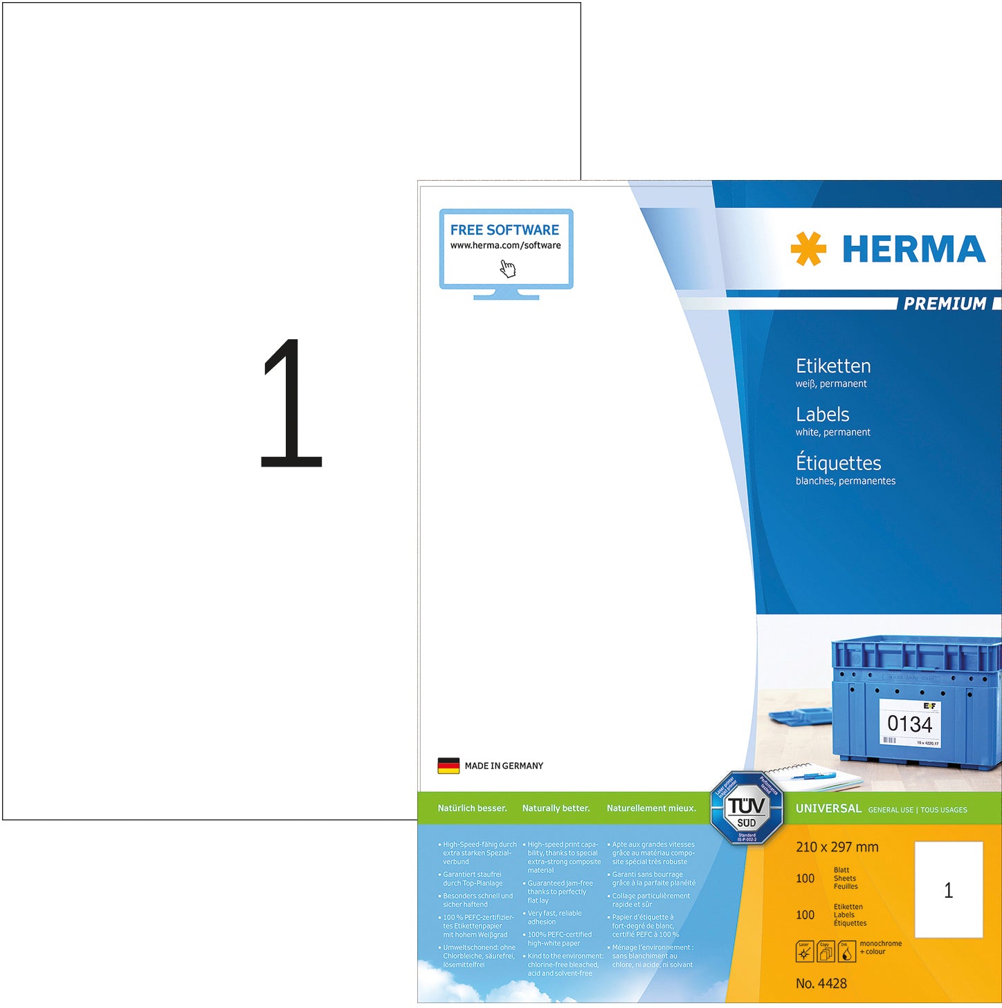 HERMA Universal-Etiketten 210x297mm 4428 weiss 100 St./100 Blatt