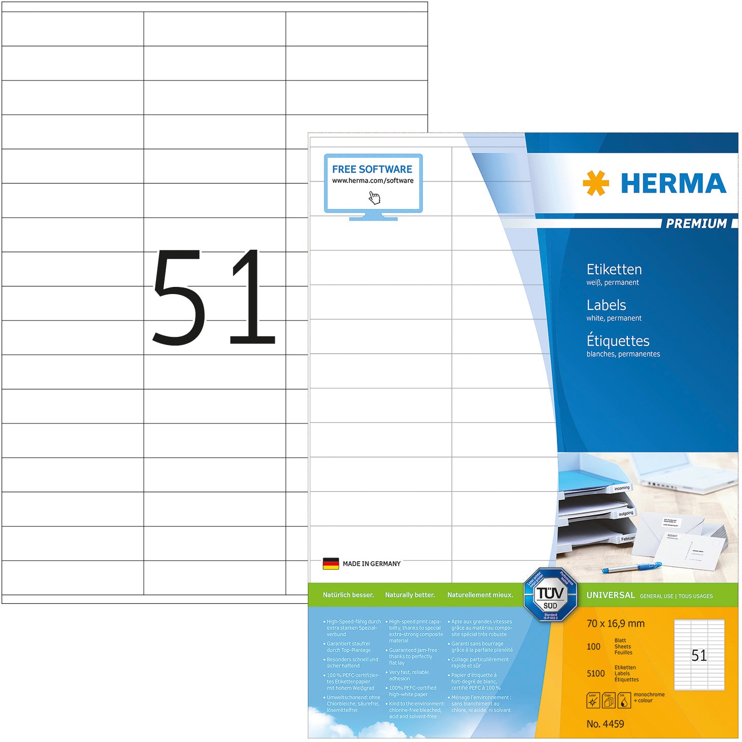 HERMA Universal-Etiketten 70x16,9mm 4459 weiss 5100 St./100 Blatt