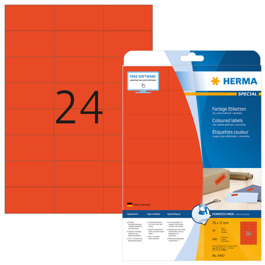 HERMA Universal-Etiketten 70x37mm 4467 rot 480 St./20 Blatt