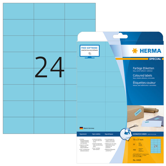 HERMA Universal-Etiketten 70x37mm 4468 blau 480 St./20 Blatt