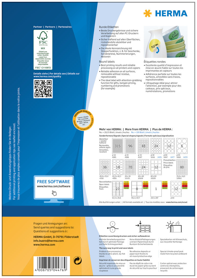 HERMA Etiketten SPECIAL 40x40mm 4476 weiss,non-perm. 2400St./100Bl.