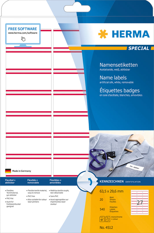 HERMA Namensetiketten 63,5x29,6mm 4512 weiss 540 Stk./20 Bl.