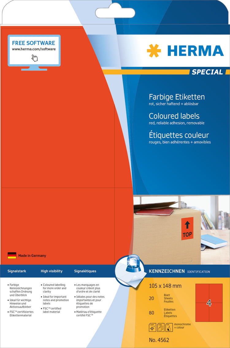 HERMA Etiketten SPECIAL 105x148mm 4562 rot,non-perm. 80 St./20 Bl.