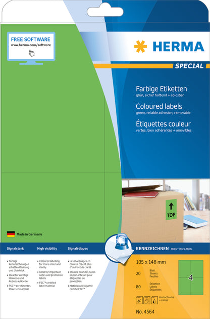 HERMA Etiketten SPECIAL 105x148mm 4564 grün,non-perm. 80 St./20 Bl.