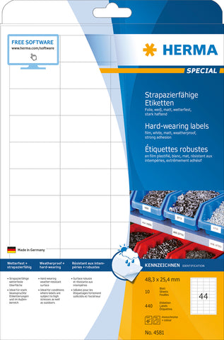 HERMA Folienetiketten 48,3x25,4mm 4581 weiss,PP matt 440 Stk./10 Bl.
