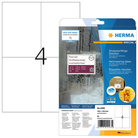 HERMA Folienetiketten 105x148mm 4583 weiss,PP matt 40 Stk./10 Bl.