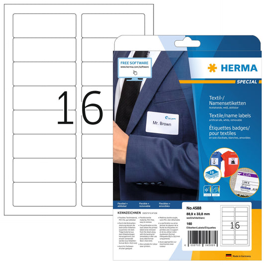 HERMA Namensetiketten 88,9x33,8mm 4588 weiss 160 Stk./10 Bl.