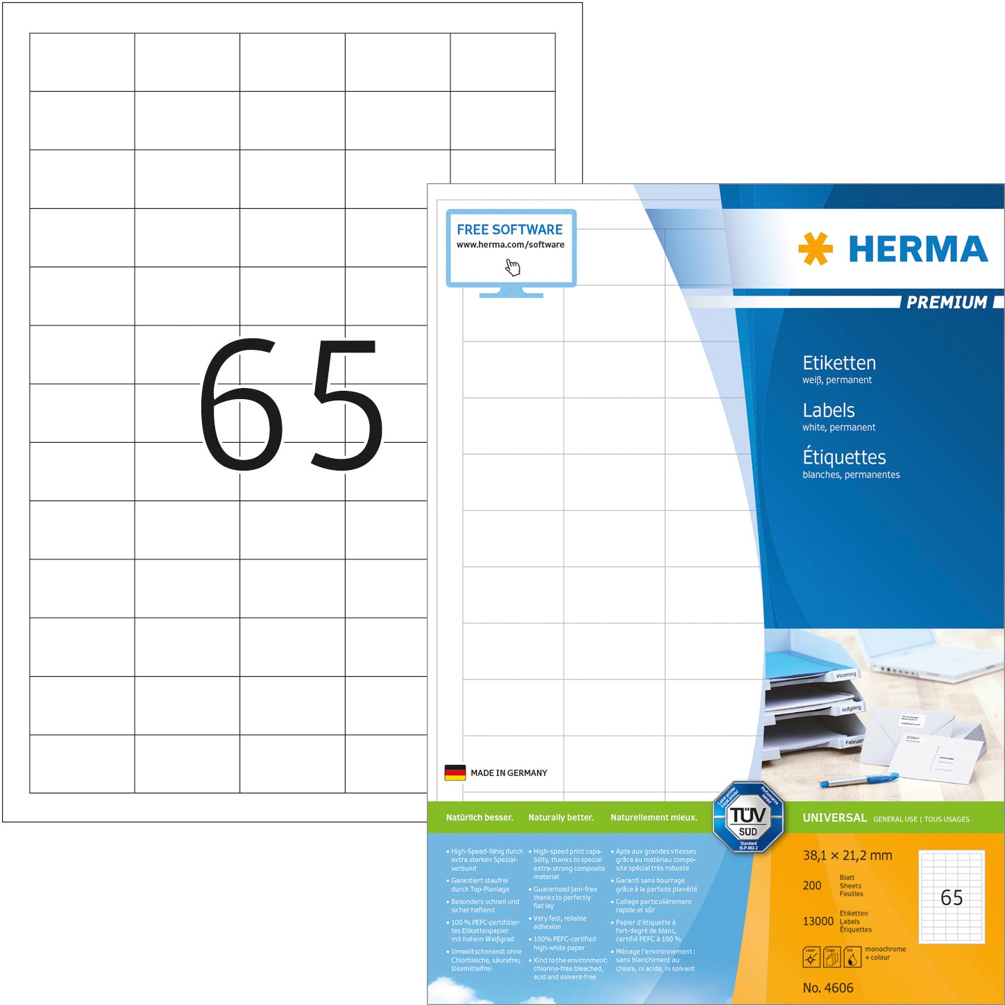 HERMA Universal-Etikett. 38,1x21,2mm 4606 weiss 13000 St./200 Blatt