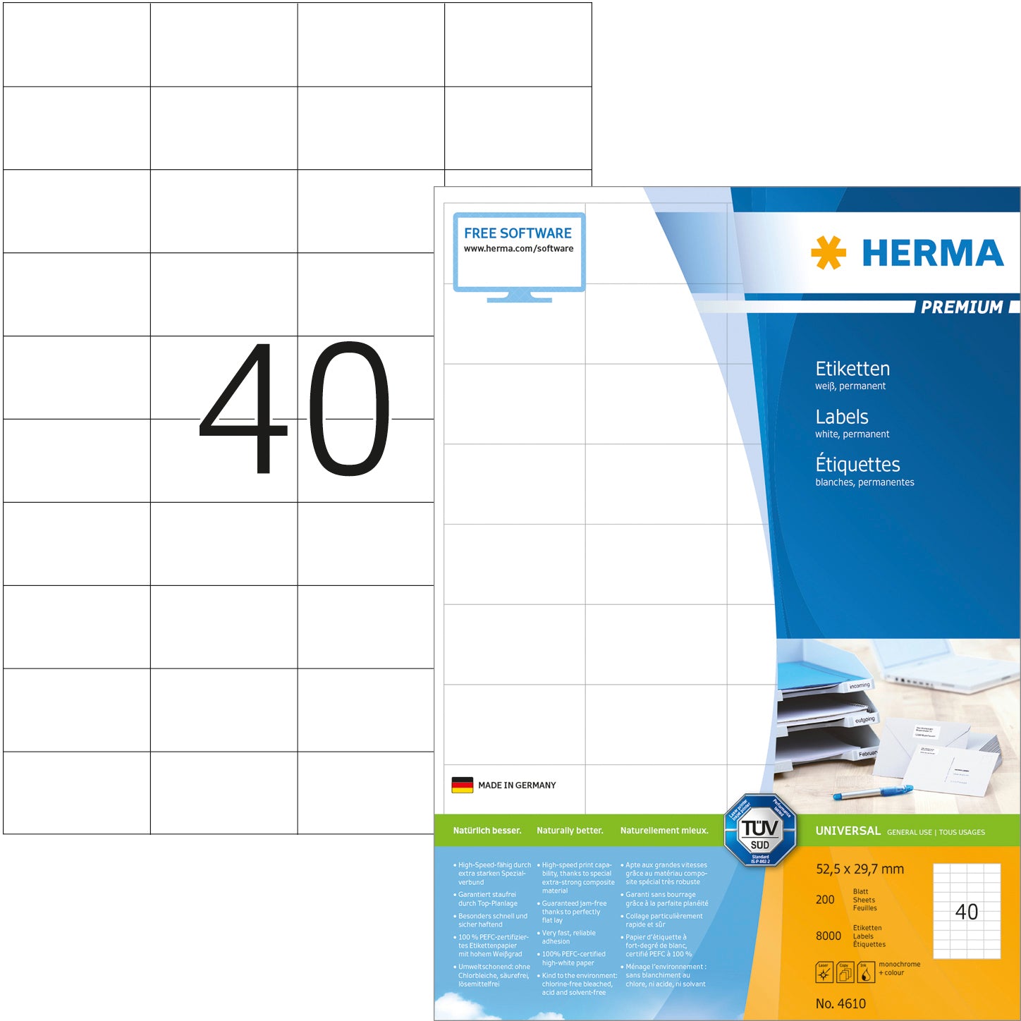 HERMA Etiketten Premium 52,5×29,7mm 4610 weiss 8000 Stück