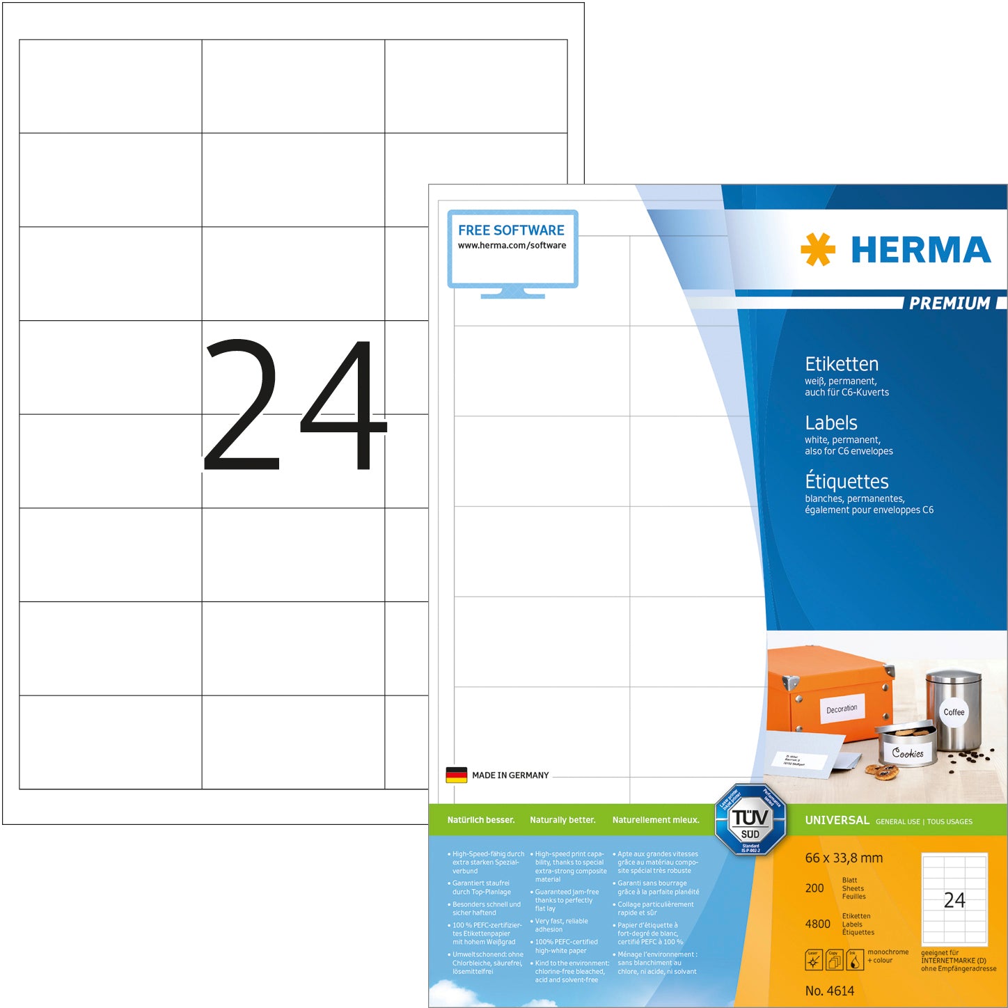 HERMA Universal-Etiketten 66x33,8mm 4614 weiss 4800 St./200 Blatt