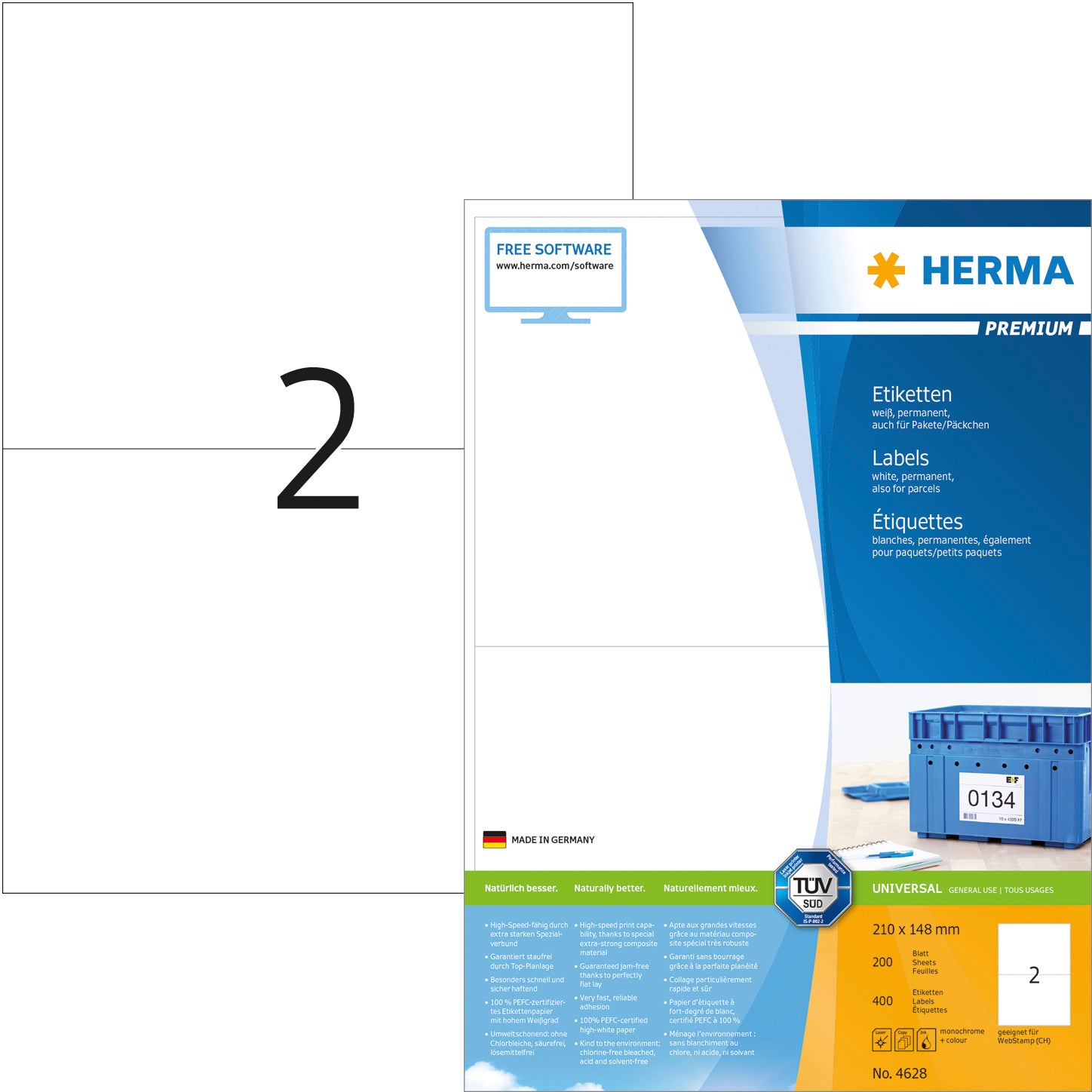 HERMA Universal-Etiketten 210x148mm 4628 weiss 400 St./200 Blatt