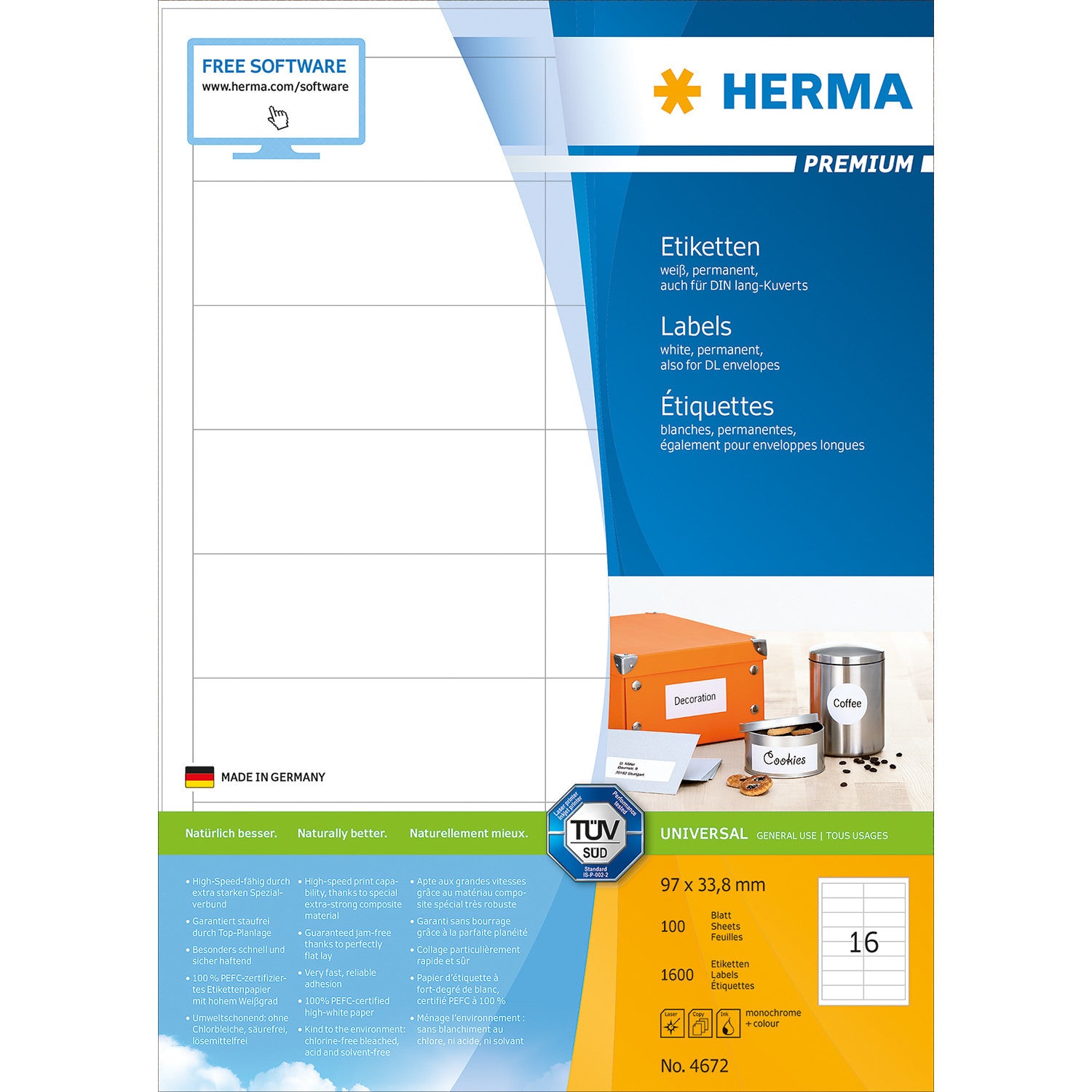 HERMA Etiketten Premium 96,5×33,8mm 4672 weiss 1600 Stück