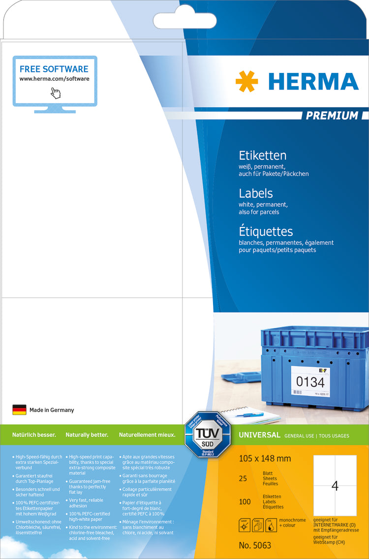 HERMA Etiketten PREMIUM 105x148mm 5063 weiss,perm. 100 St./25 Bl.