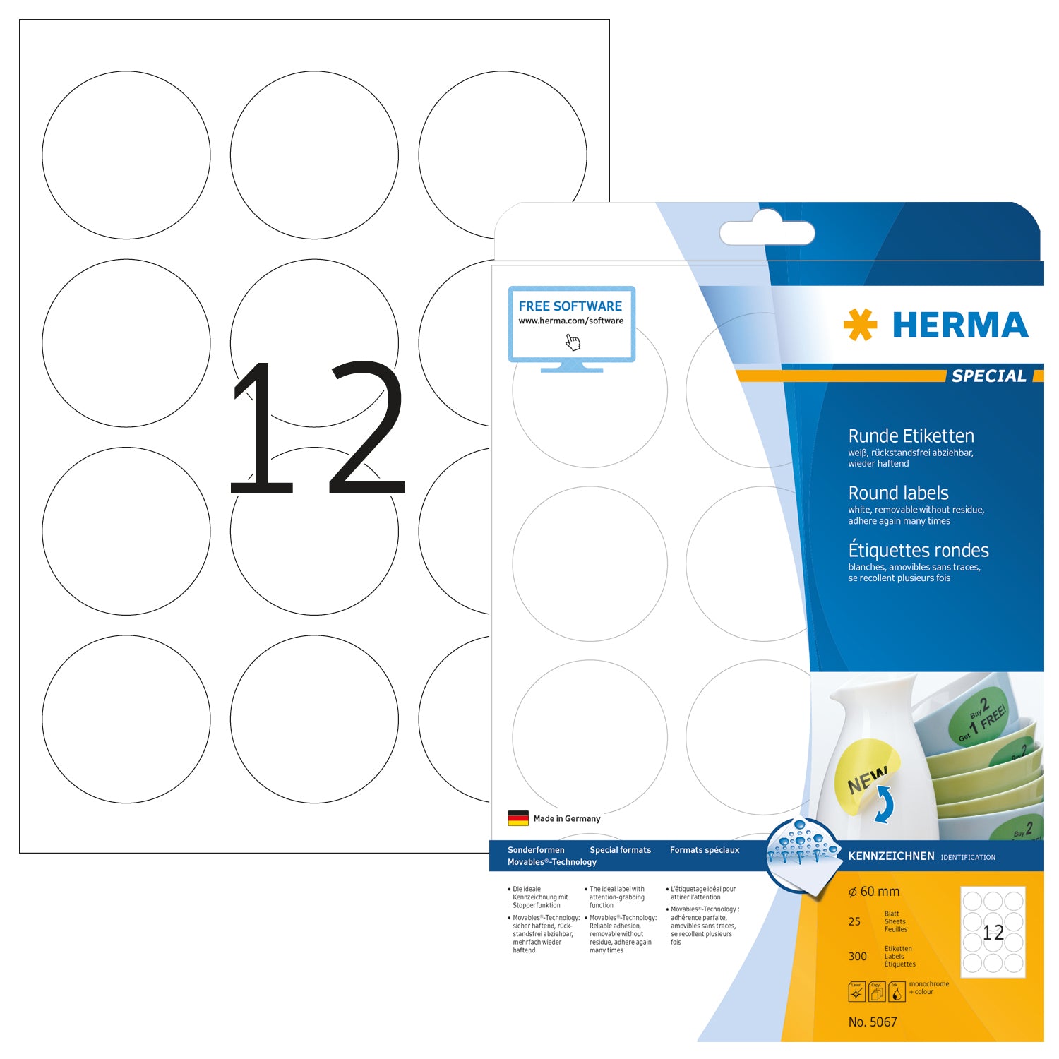 HERMA Rund-Etiketten 60mm 5067 weiss 300 St./25 Blatt