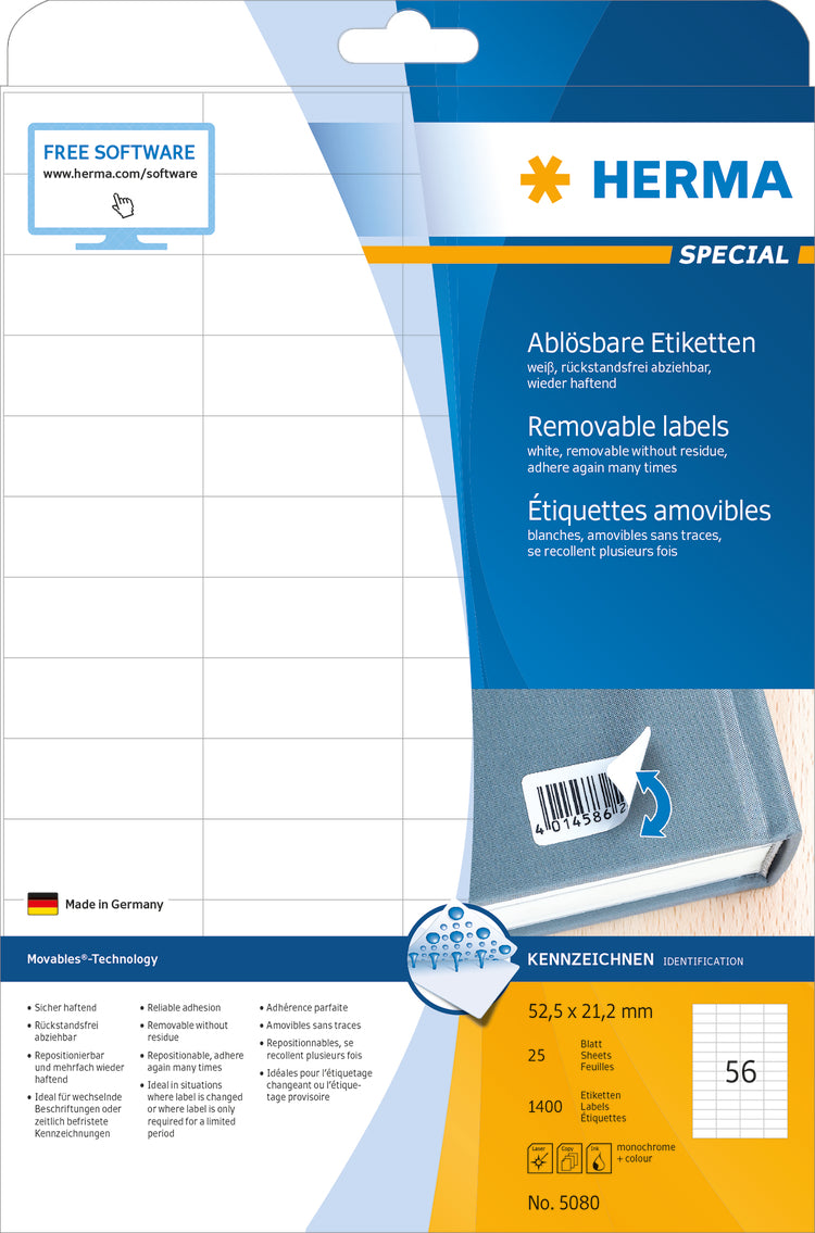 HERMA Etiketten SPECIAL 52.5x21.2mm 5080 weiss,non-perm. 1400 St./25Bl.