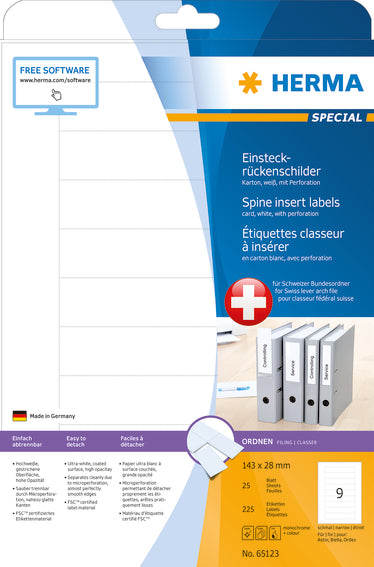 HERMA Einsteckrücken schmal 143x28mm 65123 weiss 225Stk/ 25Blatt