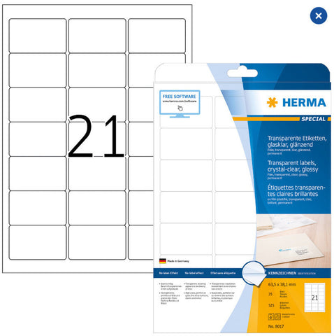 HERMA Folienetiketten 63,5x38,1mm 8017 transparent 525 St./25 Blatt