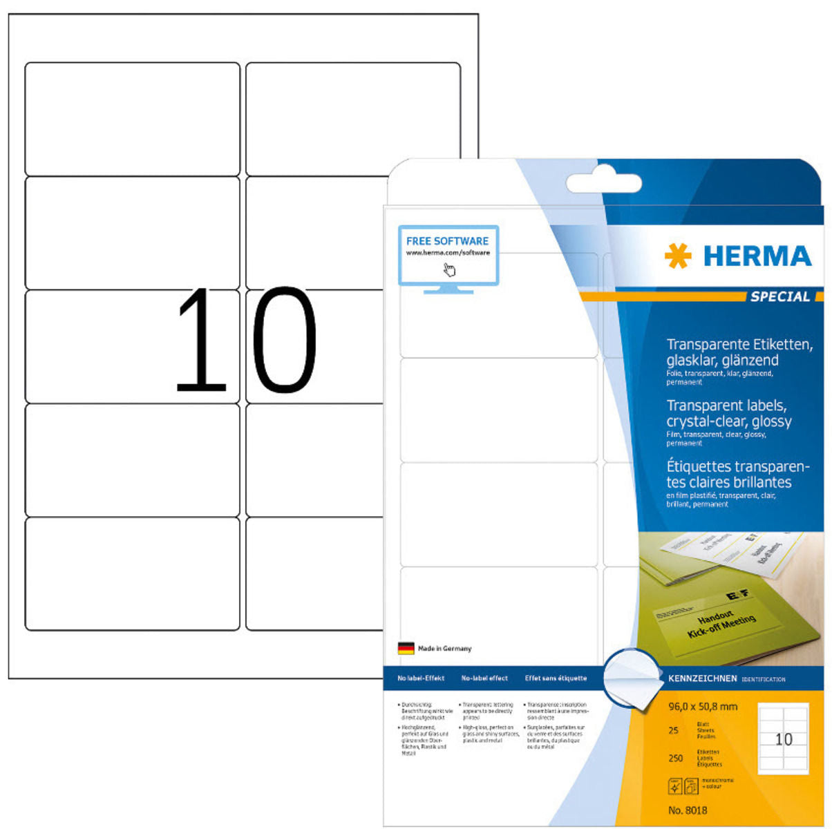 HERMA Folienetiketten 96x50,8mm 8018 transparent 250 St./25 Blatt