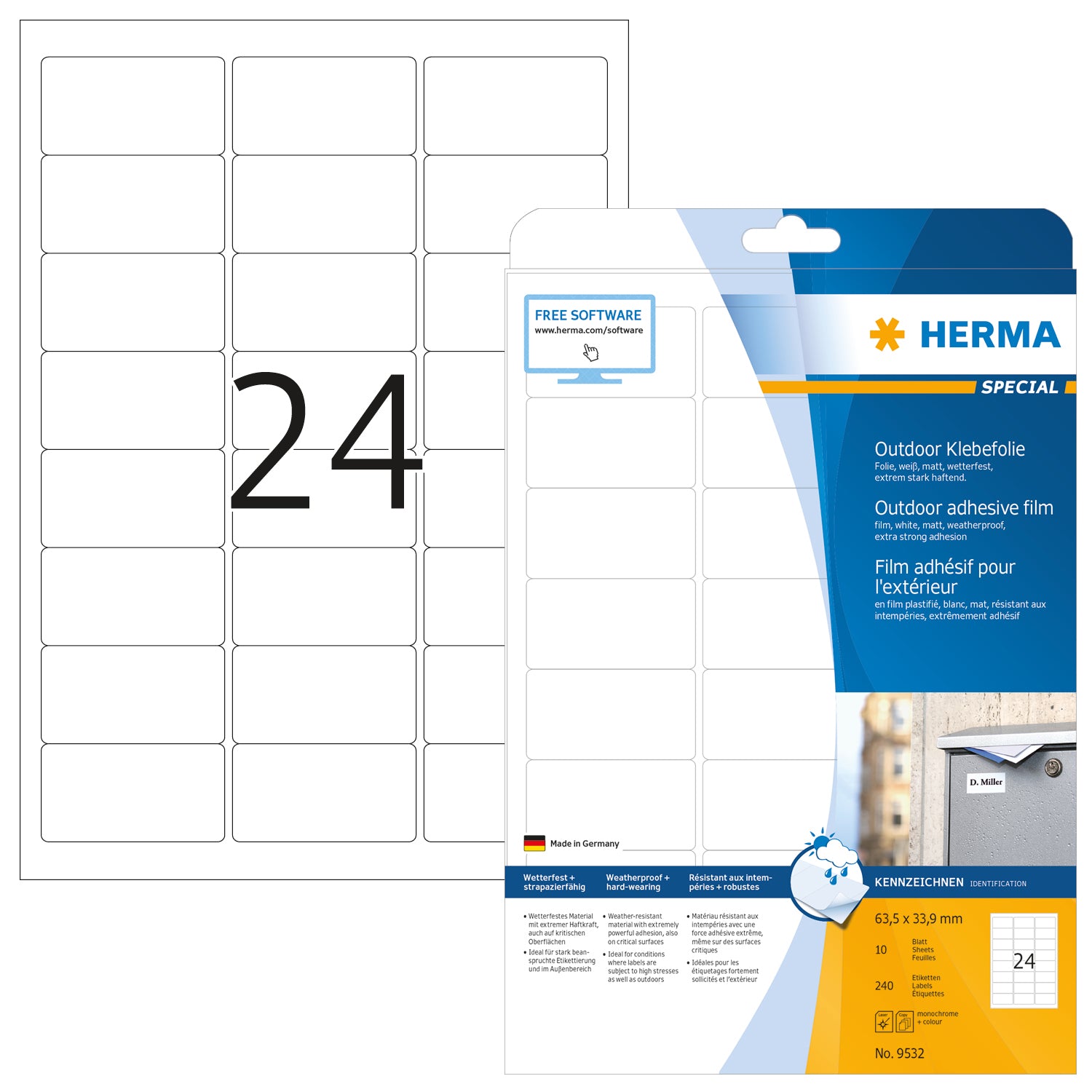 HERMA Outdoor Etikett.PP 63,5x33,9mm 9532 weiss 240 St./10 Blatt