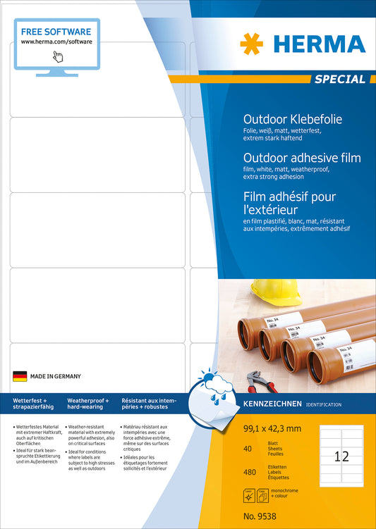 HERMA Folienetiketten 99,1x42,3mm 9538 weiss,PP matt 480 Stk./40 Bl.