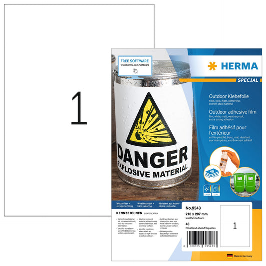 HERMA Folienetiketten 210x297mm 9543 weiss,PP matt 40 Stk./40 Bl.