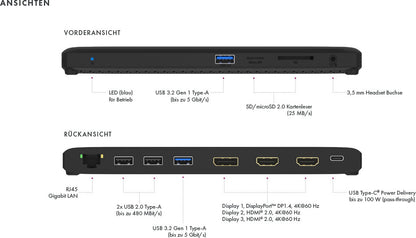 ICY BOX USB-C Triple DockingStation IB-DK2116-C 4K, 2xHDMI & 1xDP, 4x USB, GB
