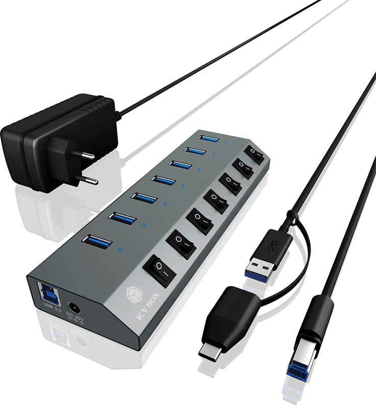 ICY BOX USB-A & C zu 7x USB-A Hub IB-HUB1701-C3 USB 3.2 G1, An-/Aus pro Port