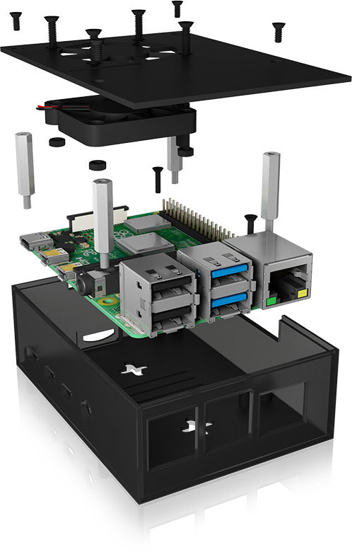 ICY BOX Gehäuse für Raspberry Pi 4, IB-RP108 Alu. Deckel/boden Acrylrahmen