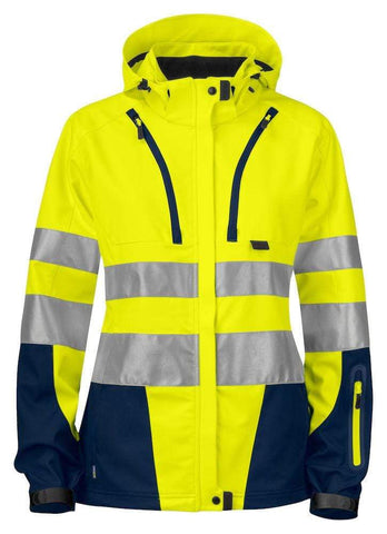 Projob Funktionelle Damen Softshell Jacke mit Kapuztzen En ISO 20471 Klasse 3/2 XS-3XL