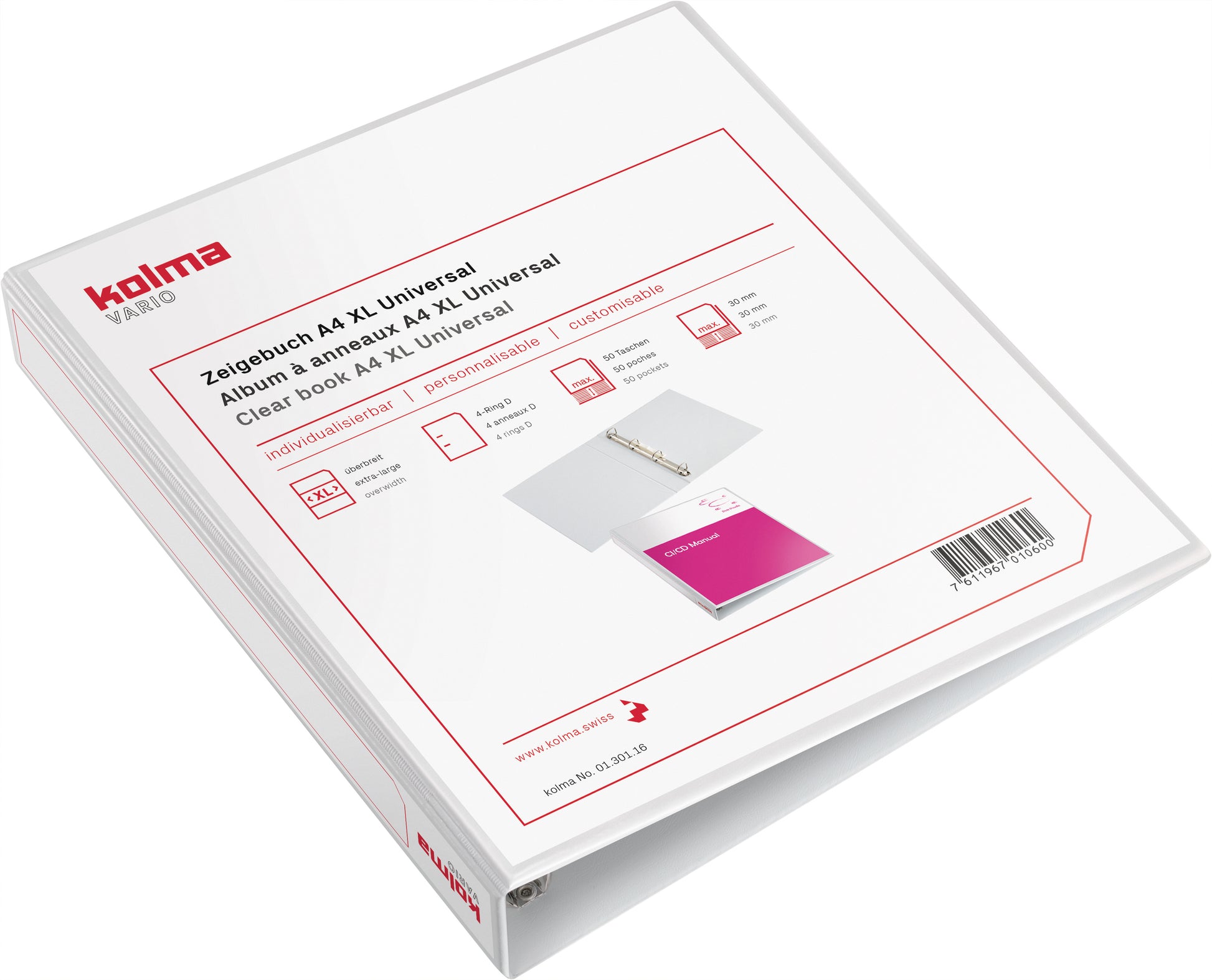 KOLMA Zeigebuch Vario XL Univer. A4 01.301.16 weiss, 4-Ring 30mm