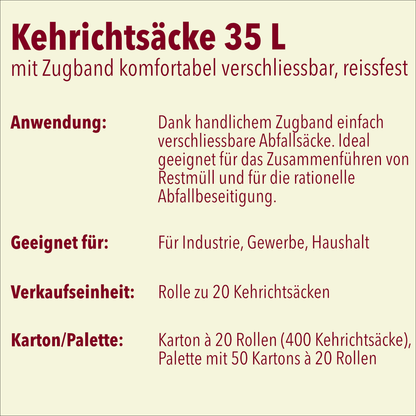 Kehrichtsäcke 35 Liter mit Zugband, Palette mit 50 Karton à 20 Rollen (1000 Rollen)