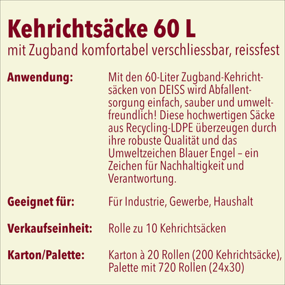 Kehrichtsäcke 60l mit Zugband, Palette mit 720 Rollen (24 x 30)