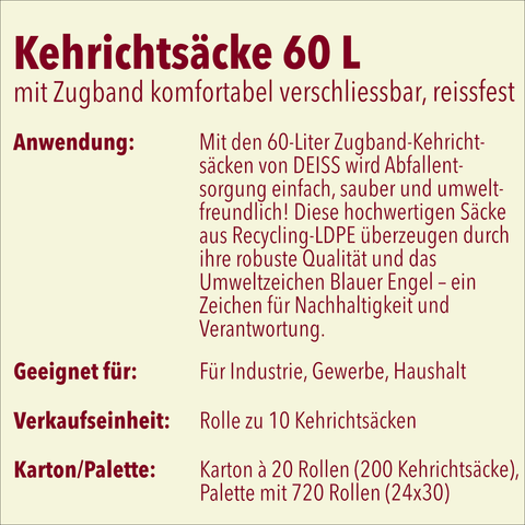 Kehrichtsäcke 60l mit Zugband, Palette mit 720 Rollen (24 x 30)