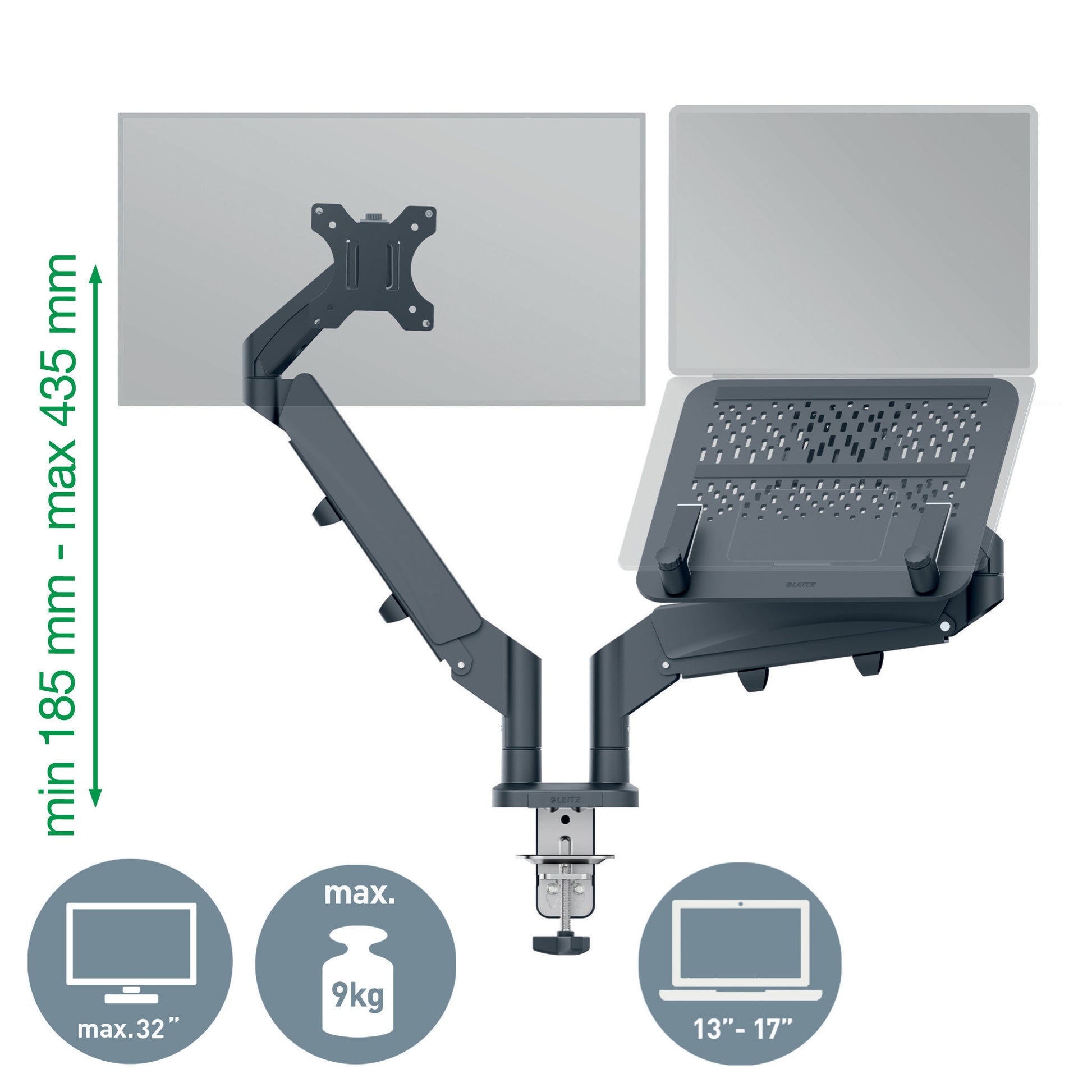 LEITZ Monitorarm ERGO 6538-00-89 grau, inkl. Laptophalter