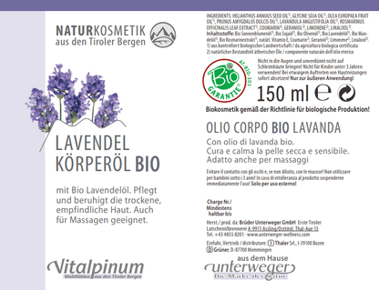 Bio Lavendel Kropolie Unterweger – certificeret Biokosmetik med Bio Lavendelolie til følsom & tør hud