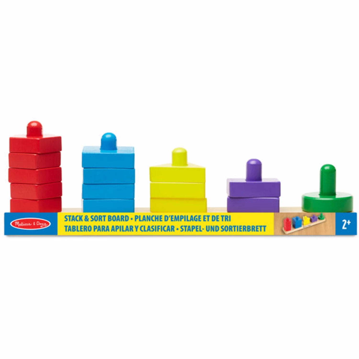 HOLZSPIELBRETT ZUM STAPELN UND SORTIEREN (FR-DE-EN-ES)