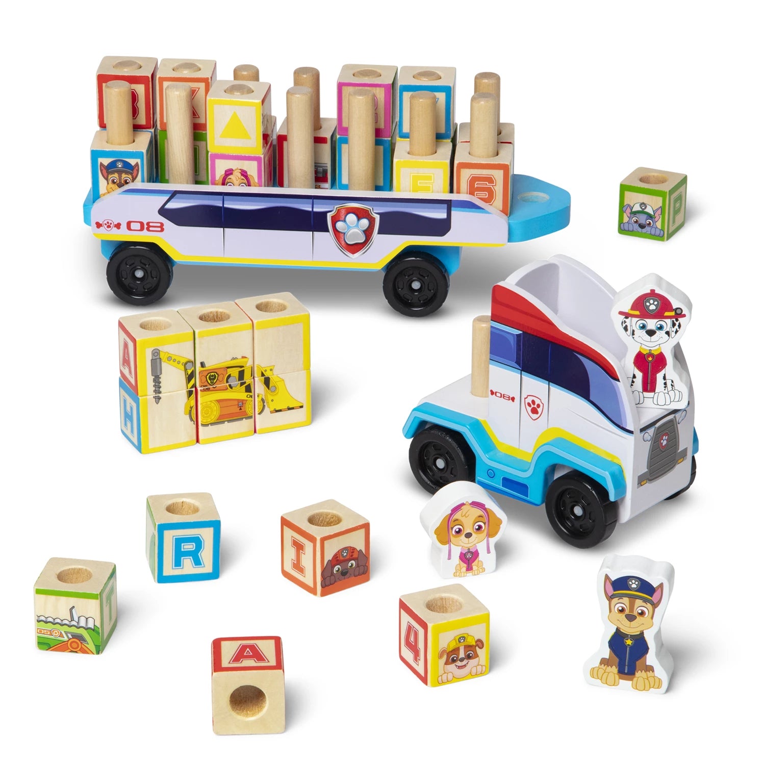 PAW PATROL CAMION BOIS BLOCS CHIFFRES ET LETTRES (FR-DE-EN-E