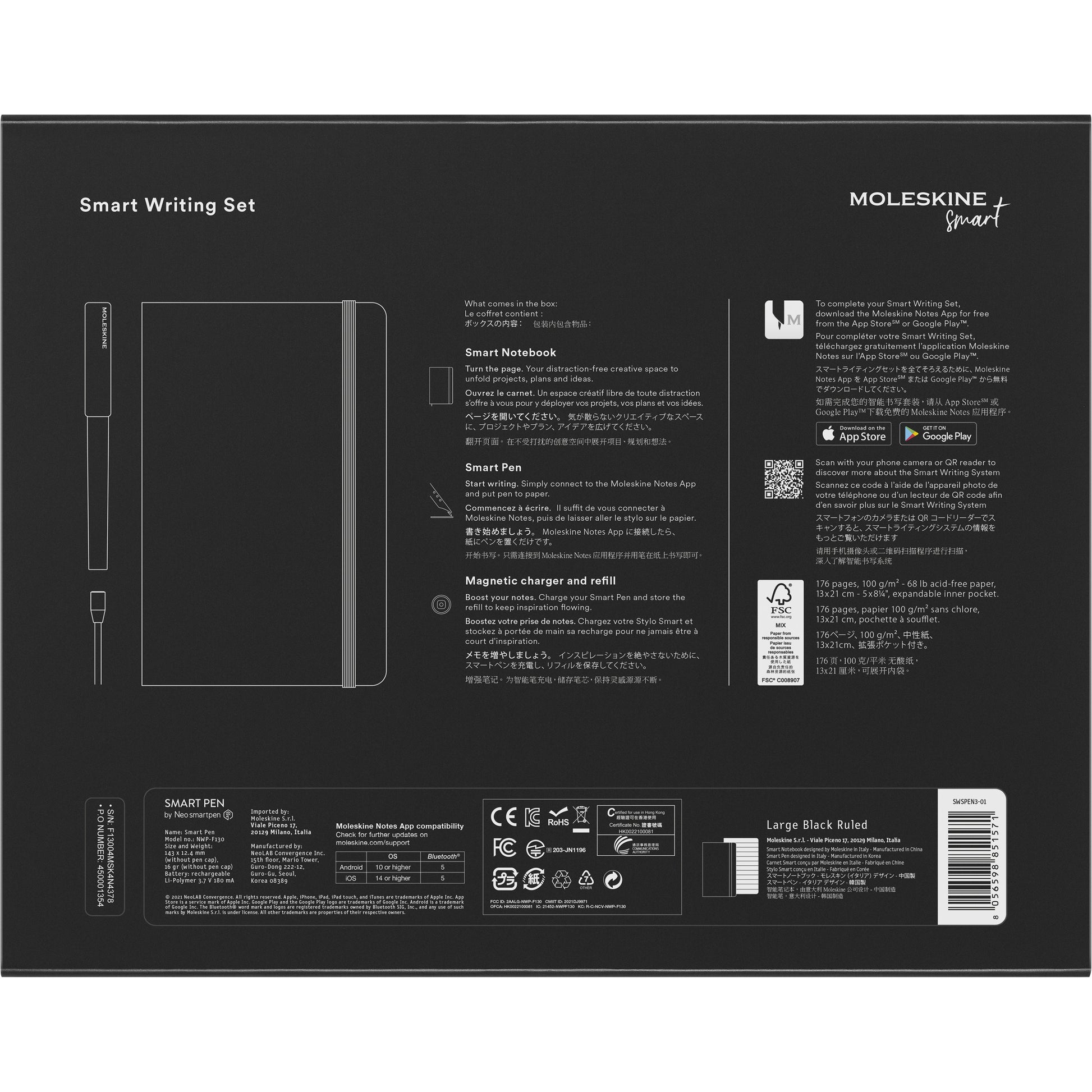 MOLESKINE Smart Writing Set Smart Pen+3 56598851571 schwarz, liniert, 176 Blatt