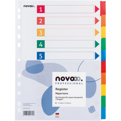NOVOOO Kartonregister A4 40620 weiss 10-teilig, farbige Taben