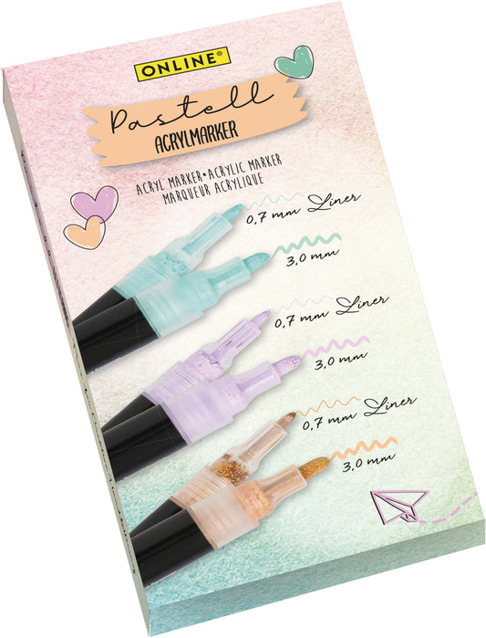 ONLINE Pastel Acrylic Set 18519 3 Farben, 2 Strichstärken