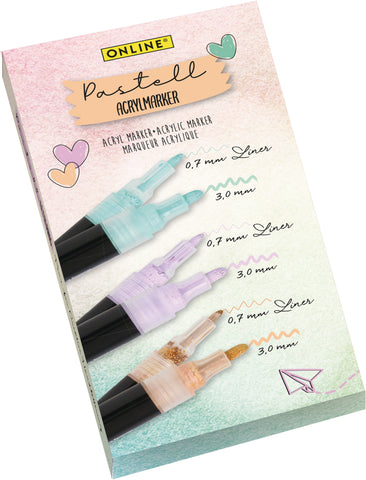 ONLINE Pastel Acrylic Set 18519 3 Farben, 2 Strichstärken