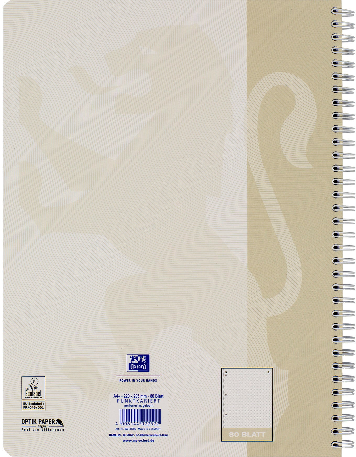 OXFORD Collegeblock TOUCH A4+ 400132395 dotted, light stone 80 Blatt